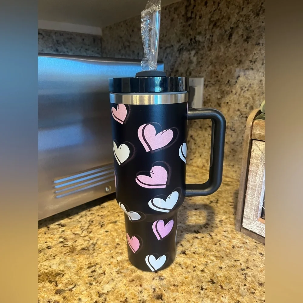 New Valentine’s Day 40 oz Travel Mug Tumbler with Pink and White Hearts